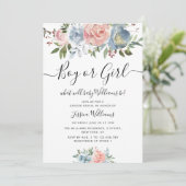 Invitation fleurs bleues et blush sexe bébé révéler (Debout devant)