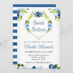Invitation Fleurs bleues et de marine Coeur Wreath Sweet 16
