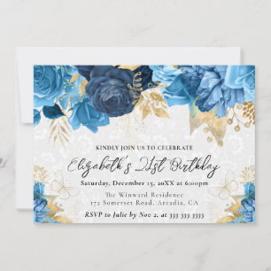 Invitation Fleurs Bleues et Dorées Aquarelle 21e Anniversaire