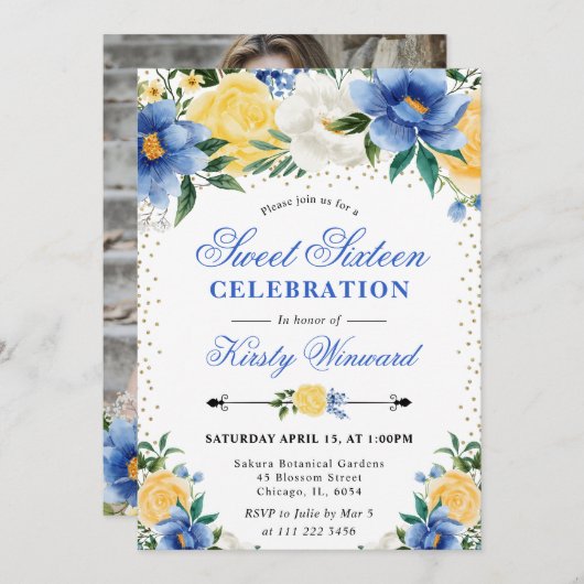 Invitation Fleurs bleues et jaunes à l'aquarelle Photo Sweet (Devant / Derrière)