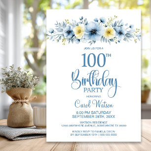 Invitation Fleurs bleues et jaunes à l'aquarelle pour les 100