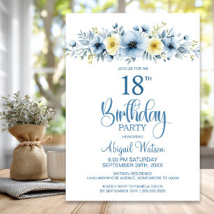 Invitation Fleurs bleues et jaunes aquarelle pour 18e anniver