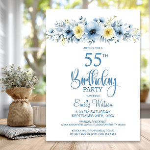 Invitation Fleurs bleues et jaunes aquarelle pour 55e anniver