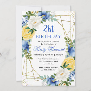 Invitation Fleurs bleues et jaunes Cadre doré 21e anniversair