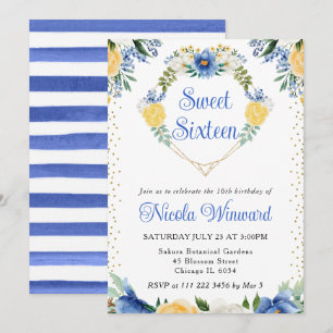 Invitation Fleurs bleues et jaunes Couronne de cœur Douce 16