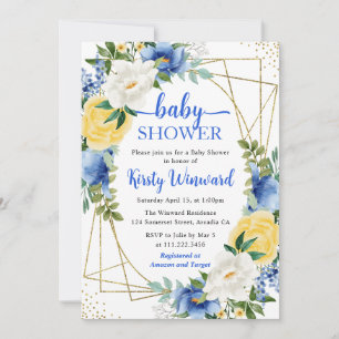 Invitation Fleurs bleues et jaunes et Baby Shower avec cadre 