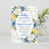 Invitation Fleurs bleues et jaunes et Baby shower cadre or (Debout devant)
