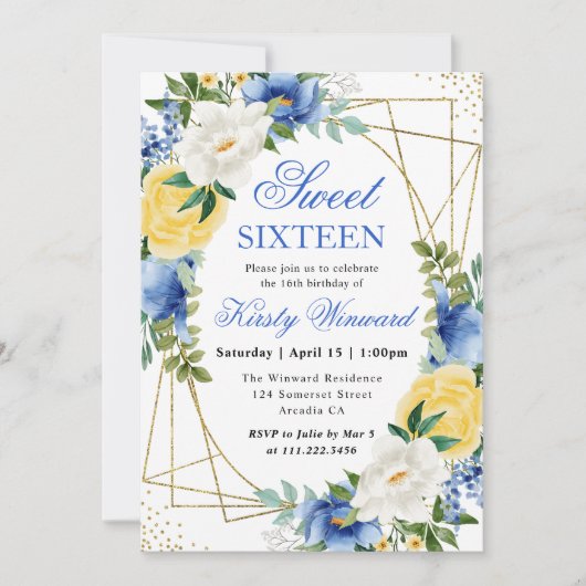 Invitation Fleurs bleues et jaunes Gold Frame Sweet 16 (Devant)