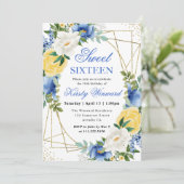 Invitation Fleurs bleues et jaunes Gold Frame Sweet 16 (Debout devant)