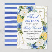 Invitation Fleurs bleues et jaunes Gold Frame Sweet 16 (Devant / Derrière)
