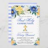 Invitation Fleurs bleues et jaunes Première communion sainte (Devant / Derrière)