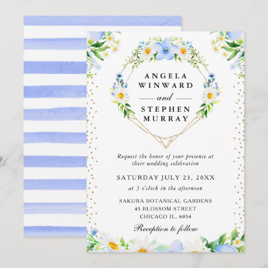 Invitation Fleurs bleues et marguerites Mariage de couronne (Devant / Derrière)