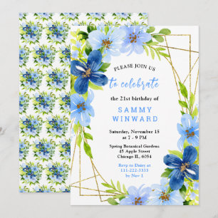 Invitation Fleurs bleues et navy avec feuillage pour annivers