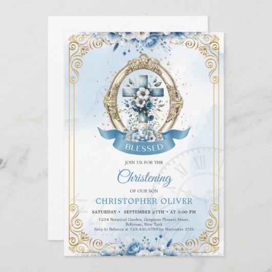 Invitation Fleurs bleues et or rustique croix garçon en bois (Devant / Derrière)