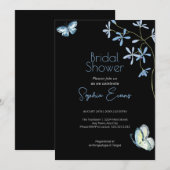 Invitation Fleurs bleues et papillons Fête des mariées noire (Devant / Derrière)