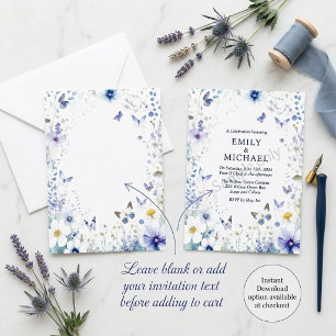 Invitation Fleurs bleues et papillons mariage vierge