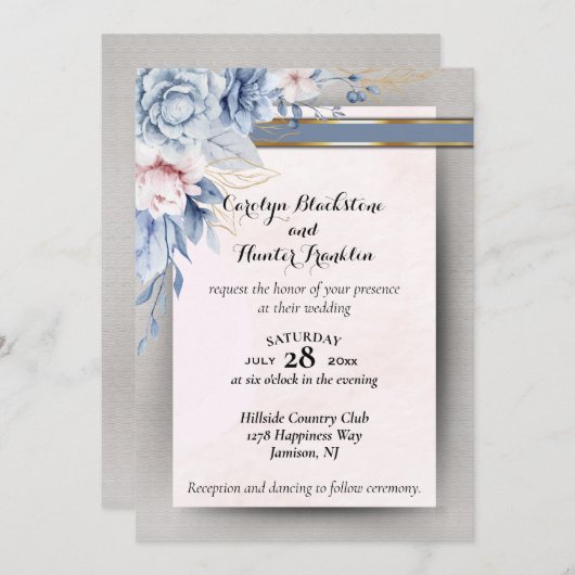 Invitation Fleurs bleues et roses sur Mariage rose et gris (Devant / Derrière)