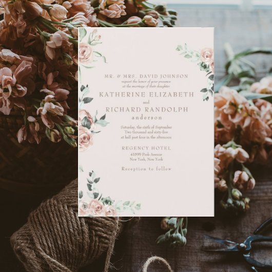 Invitation Fleurs bleues Eucalyptus Blush Mariage