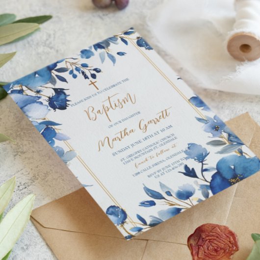 Invitation Fleurs Bleues Fille Baptême Floral