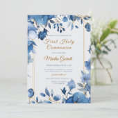 Invitation Fleurs Bleues Fille Première Sainte Communion (Debout devant)