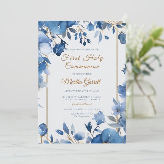 Invitation Fleurs Bleues Fille Première Sainte Communion (Debout devant)
