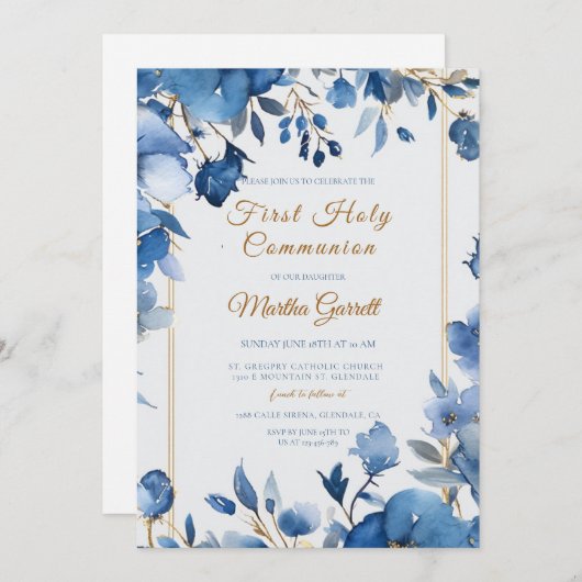 Invitation Fleurs Bleues Fille Première Sainte Communion (Devant / Derrière)