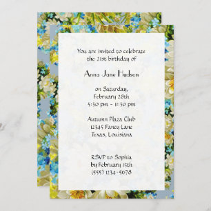 Invitation Fleurs bleues, Fleurs blanches, Anniversaire Flora