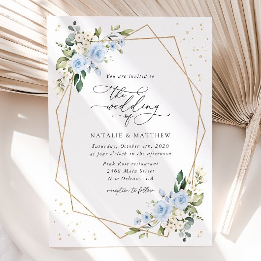 Invitation Fleurs bleues, Fleurs blanches, Verdure, Mariage