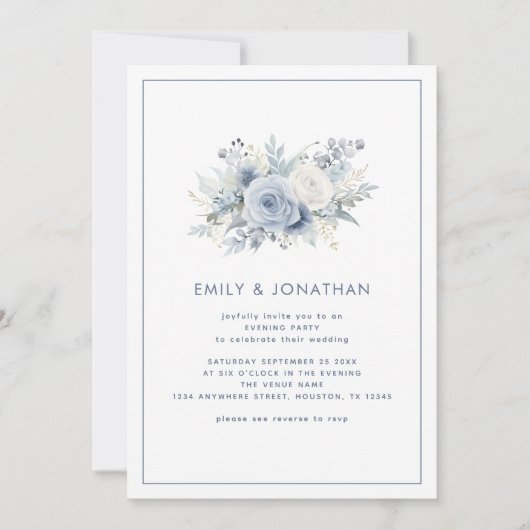 Invitation Fleurs bleues Frontière QR Mariage Soirée (Devant)