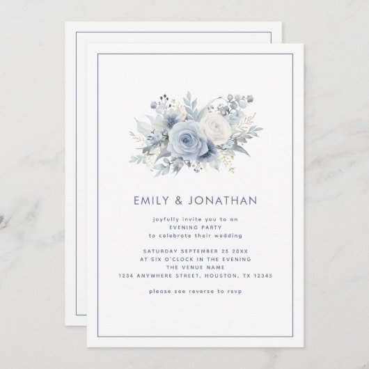 Invitation Fleurs bleues Frontière QR Mariage Soirée (Devant / Derrière)