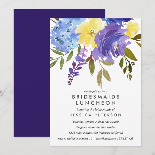 Invitation Fleurs Bleues Jaunes Bridesservantes Mariage de dé (Devant / Derrière)