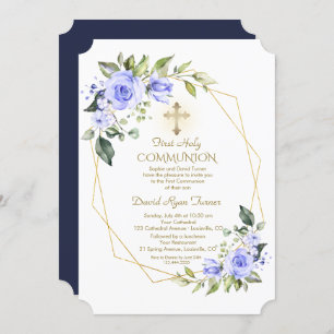 Invitation Fleurs Bleues Luxe Cadre Or Sainte Communion