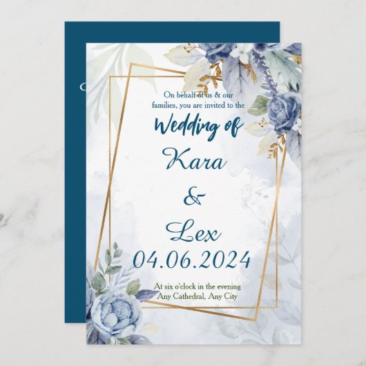Invitation Fleurs Bleues magnifiques avec encadrement à Accen (Devant / Derrière)