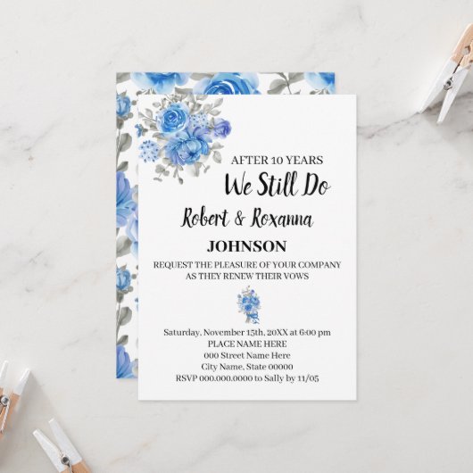 Invitation Fleurs bleues Mariage Anniversaire de renouvelleme (Devant/Arrière en situation)