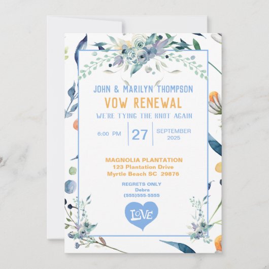 Invitation Fleurs bleues Mariage Vow Renouvellement Invitatio (Devant)