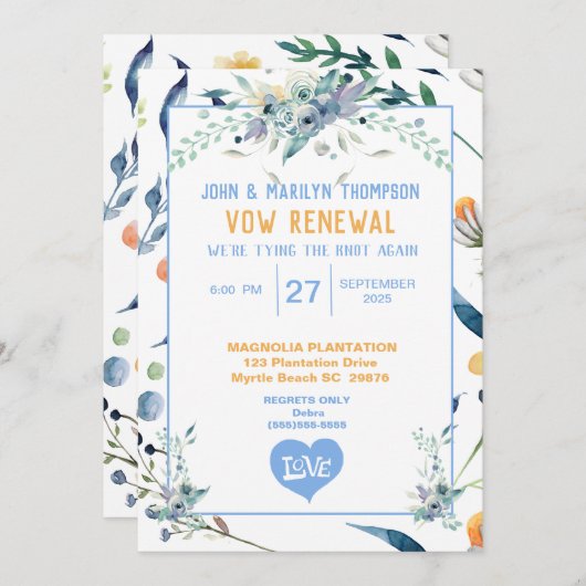 Invitation Fleurs bleues Mariage Vow Renouvellement Invitatio (Devant / Derrière)