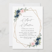 Invitation Fleurs Bleues Marine, Fleurs Roses, Boho, Sweet 16 (Devant)