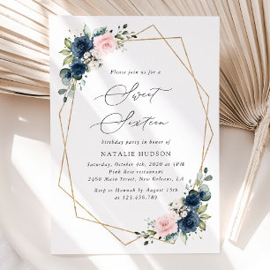 Invitation Fleurs Bleues Marine, Fleurs Roses, Boho, Sweet 16
