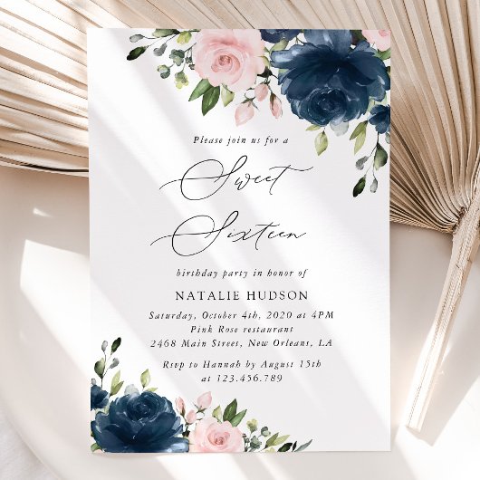Invitation Fleurs Bleues Marine, Fleurs Roses, Boho, Sweet 16