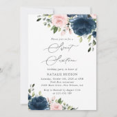 Invitation Fleurs Bleues Marine, Fleurs Roses, Boho, Sweet 16 (Devant)