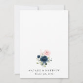 Invitation Fleurs Bleues Marine, Fleurs Roses, Mariage Floral (Dos)