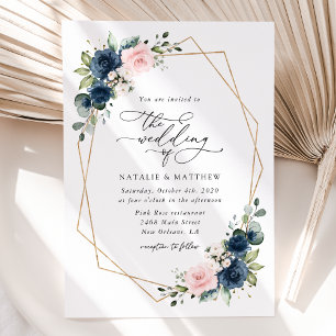 Invitation Fleurs Bleues Marine, Fleurs Roses, Mariage Floral