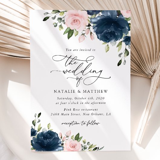 Invitation Fleurs Bleues Marine, Fleurs Roses, Mariage Floral