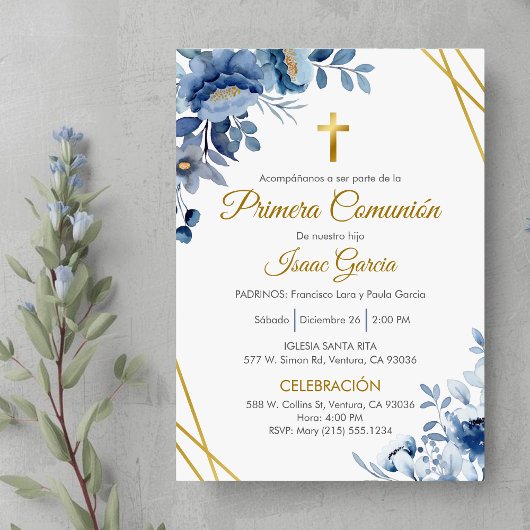 Invitation Fleurs bleues mignonnes Première communion en espa