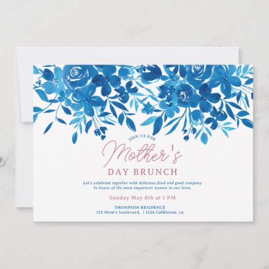 Invitation Fleurs bleues modernes script brunch de la mère jo (Devant)