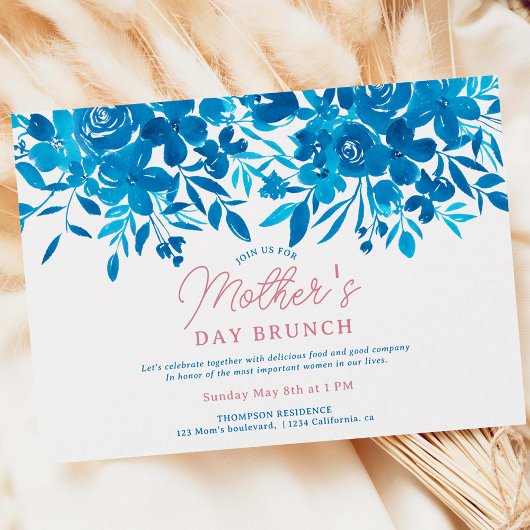 Invitation Fleurs bleues modernes script brunch de la mère jo