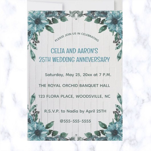 Invitation Fleurs bleues modifiables sur le bois gris Anniver