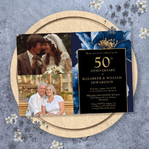 Invitation Fleurs bleues Noir Or 50e Anniversaire 2 Photo