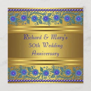 Invitation Fleurs Bleues Or 50e Anniversaire de Mariage