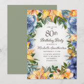 Invitation Fleurs bleues oranges 80e anniversaire (Devant / Derrière)